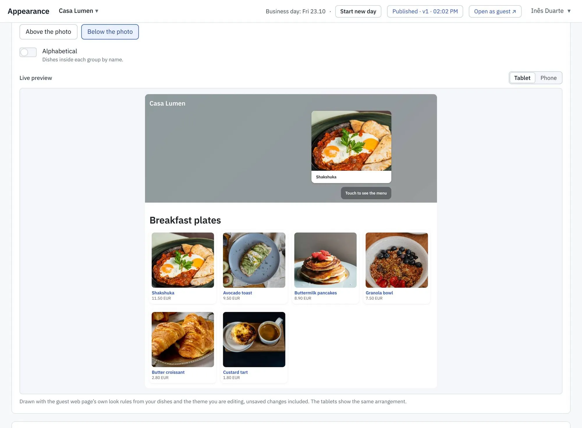 Appearance settings with a live tablet preview