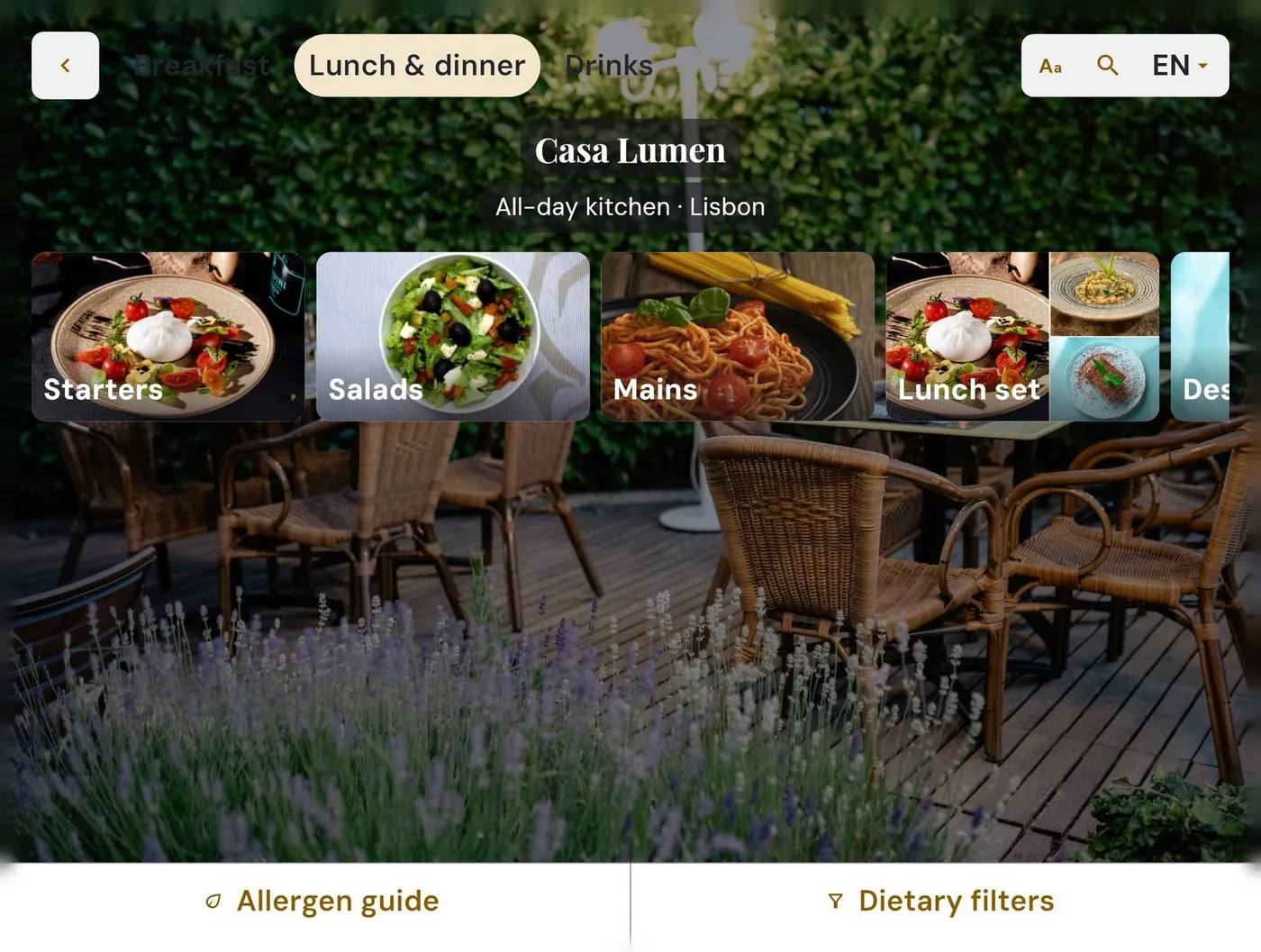Tablet menu, cards look