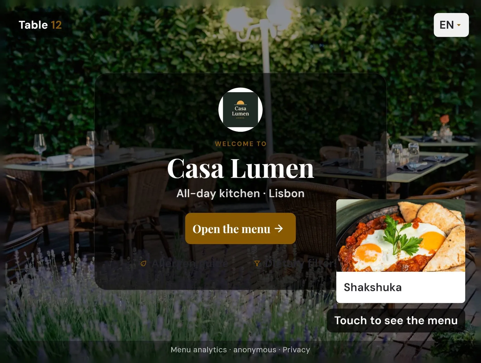 Guest menu on a table tablet