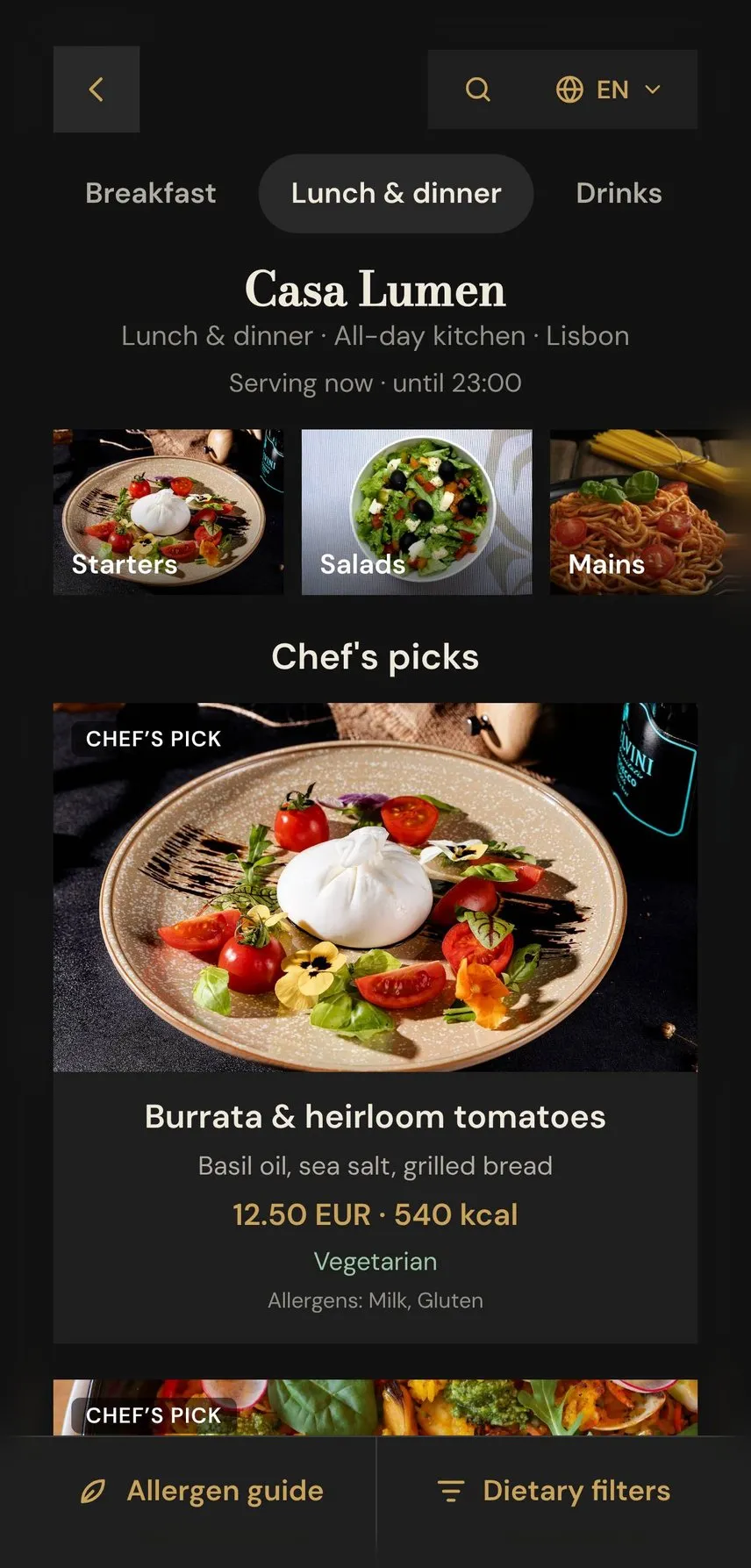 Menu in a dark theme