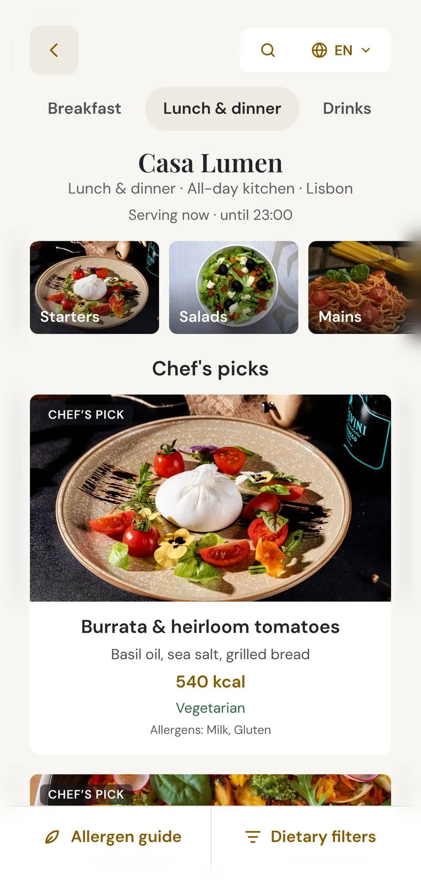 Dish cards with no prices on a phone