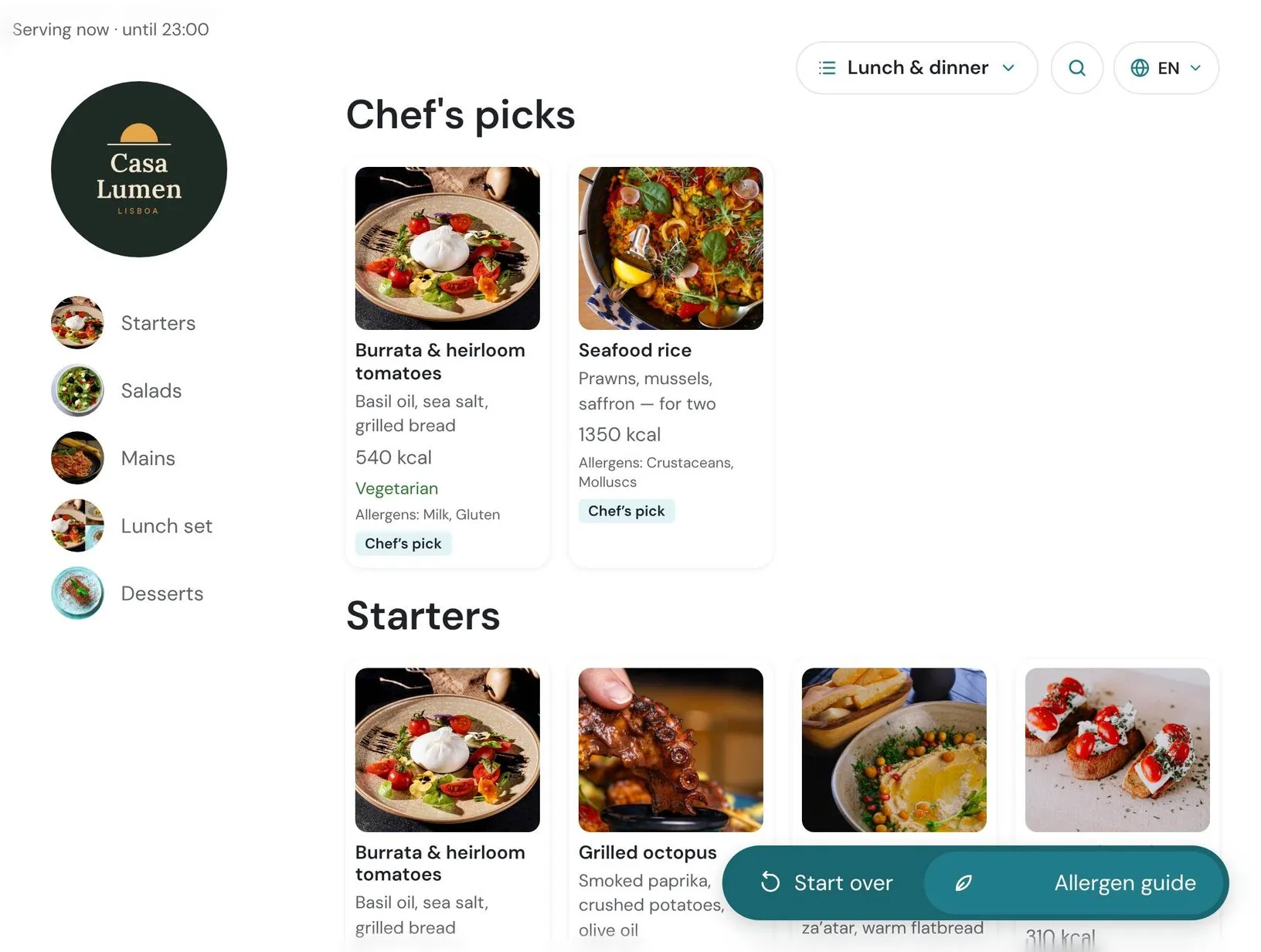 Menu grid with no prices