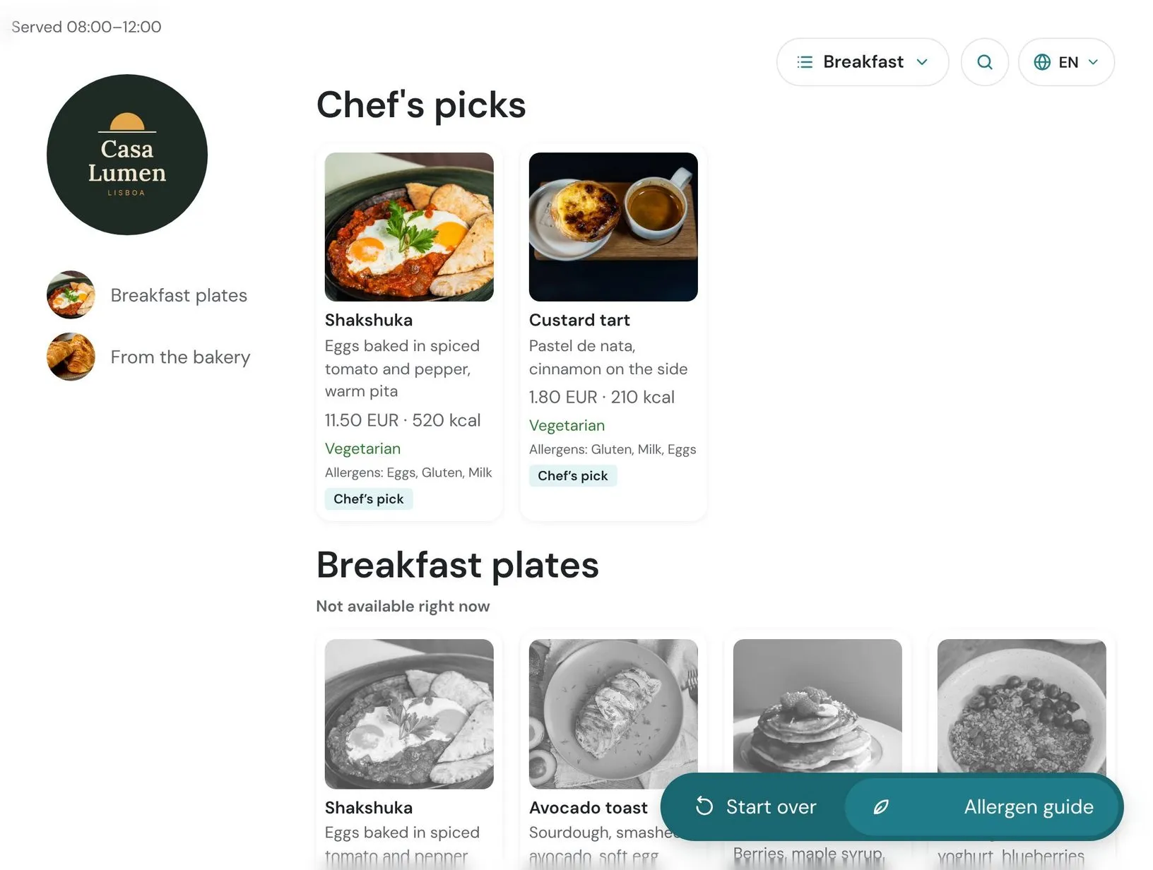 Evening: breakfast plates are greyed out