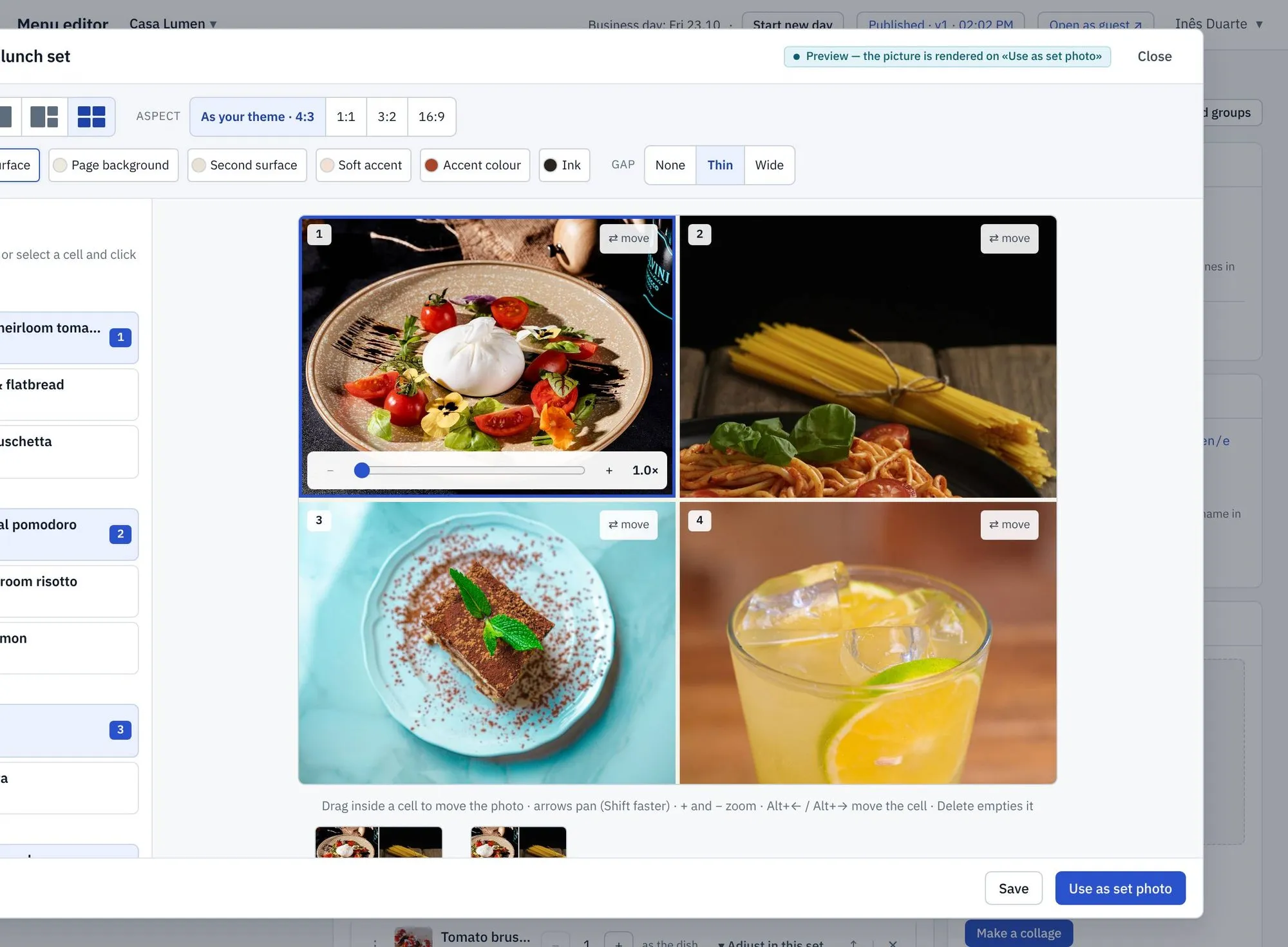 Collage editor for a set menu