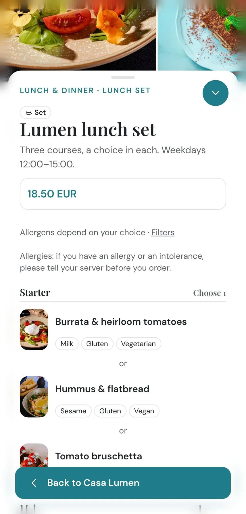 Set menu page with a choice in each course