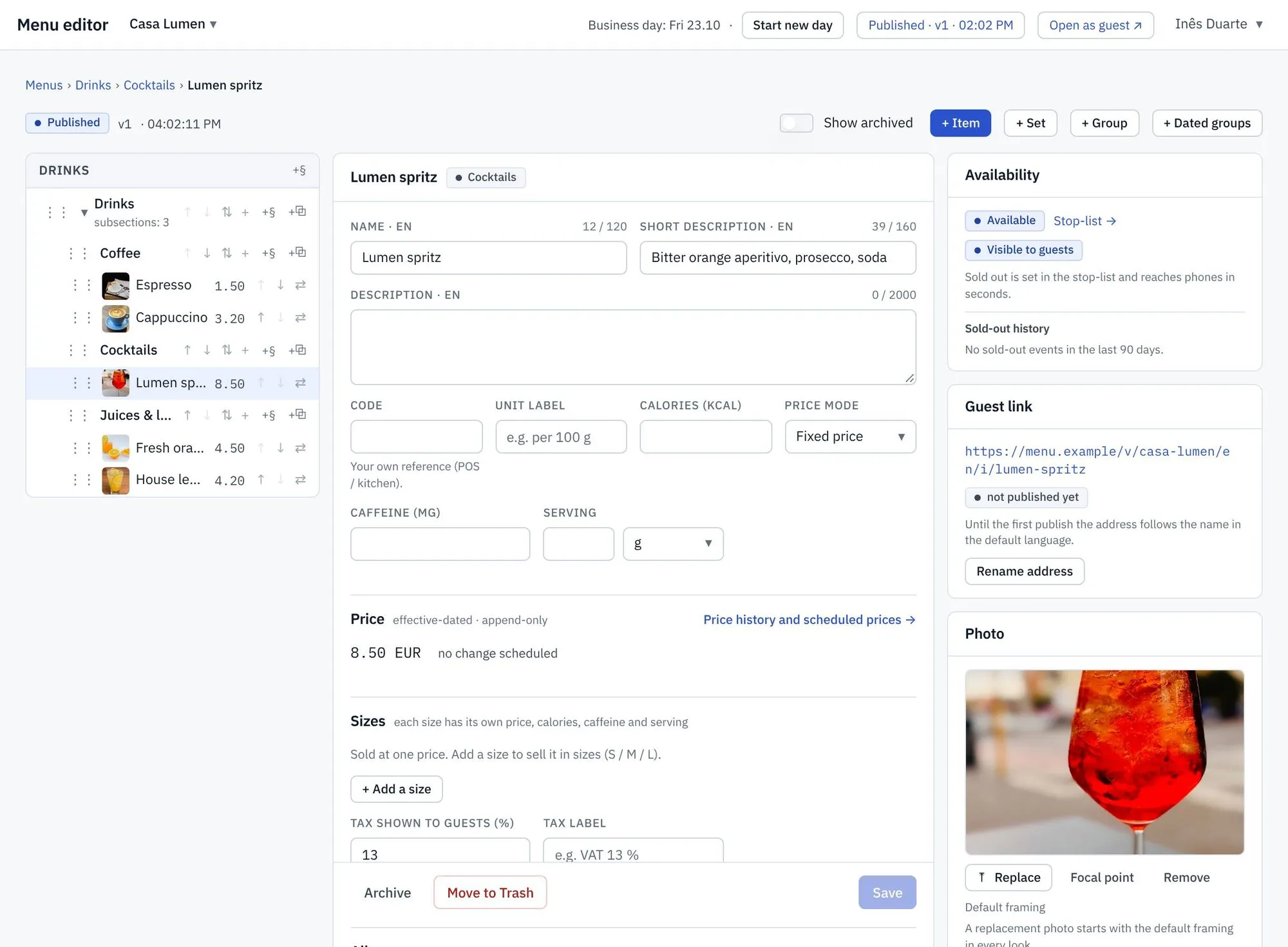Menu editor with nested sections