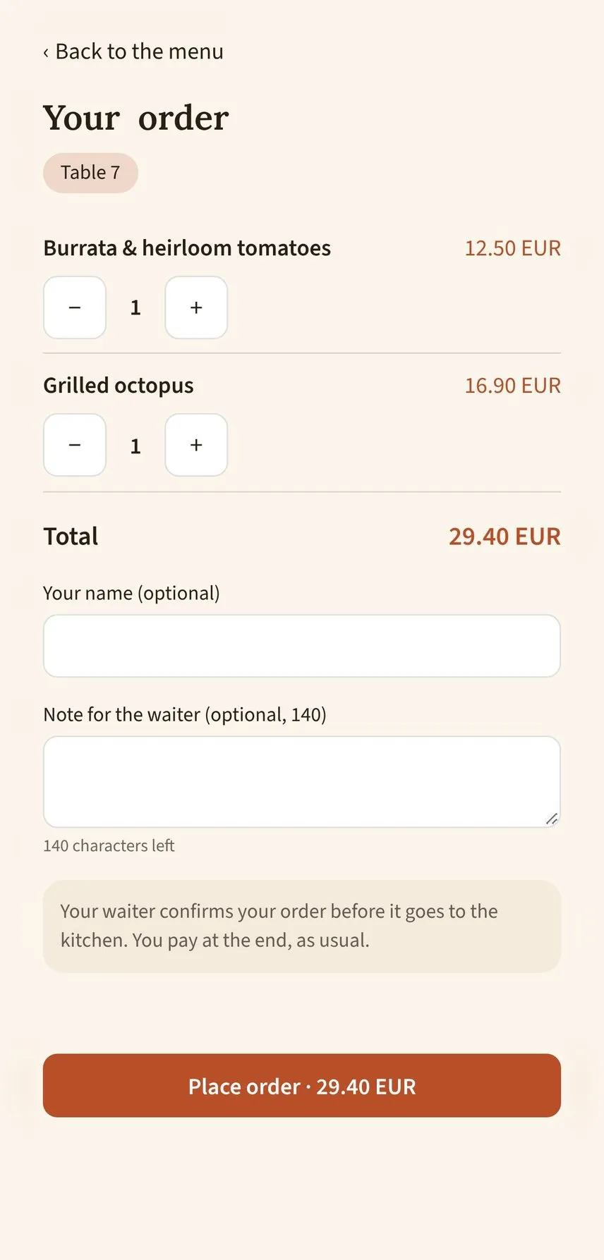 Order summary before sending