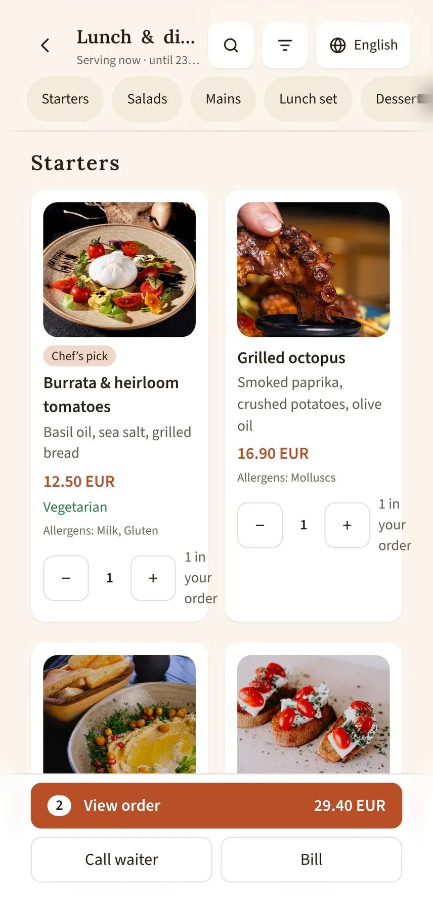 Adding dishes to an order
