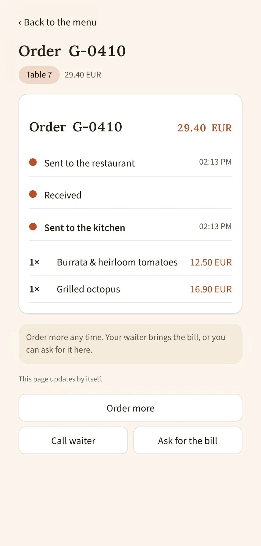Order status sent to the kitchen