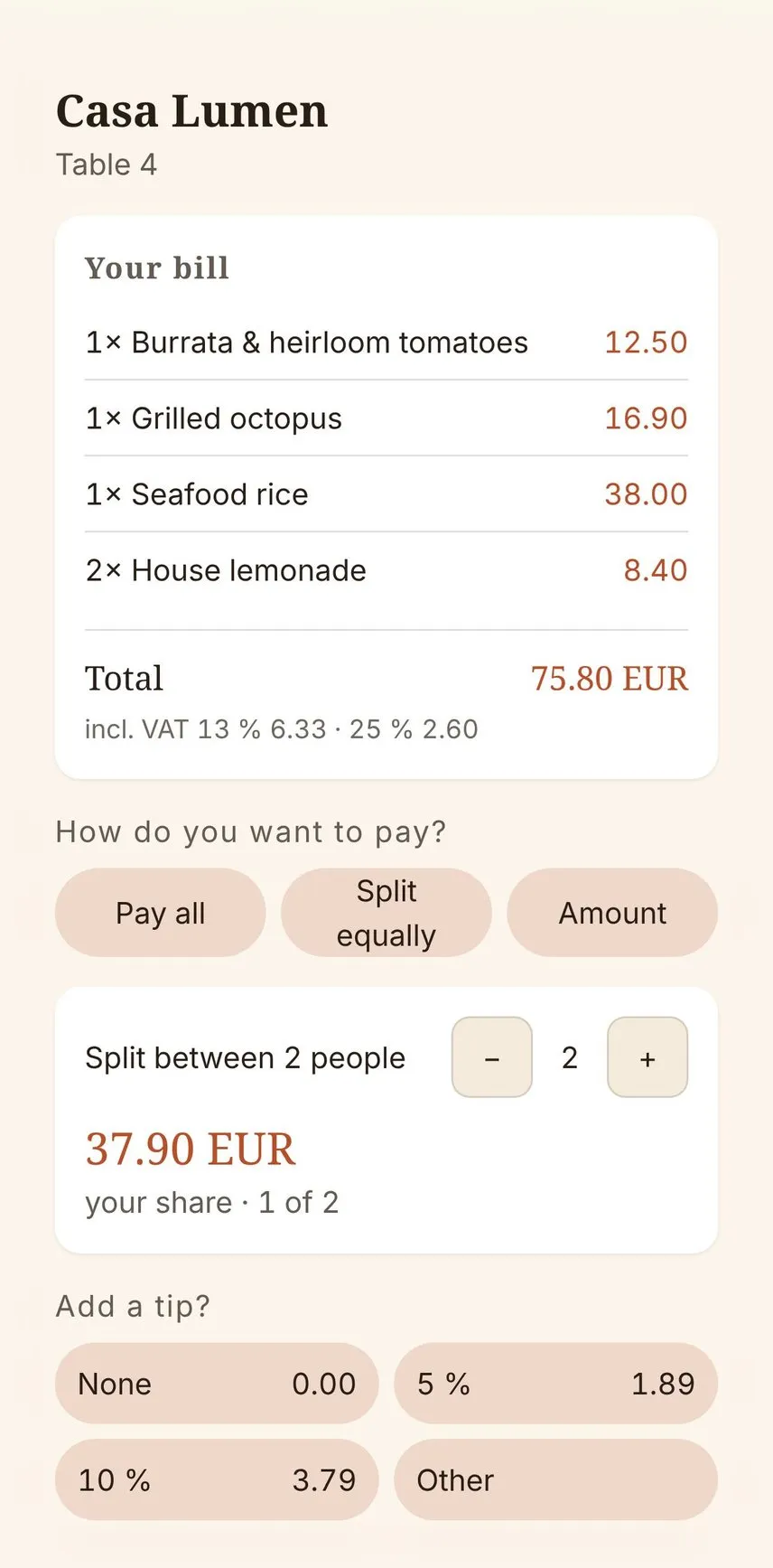 Bill split between two people with a tip