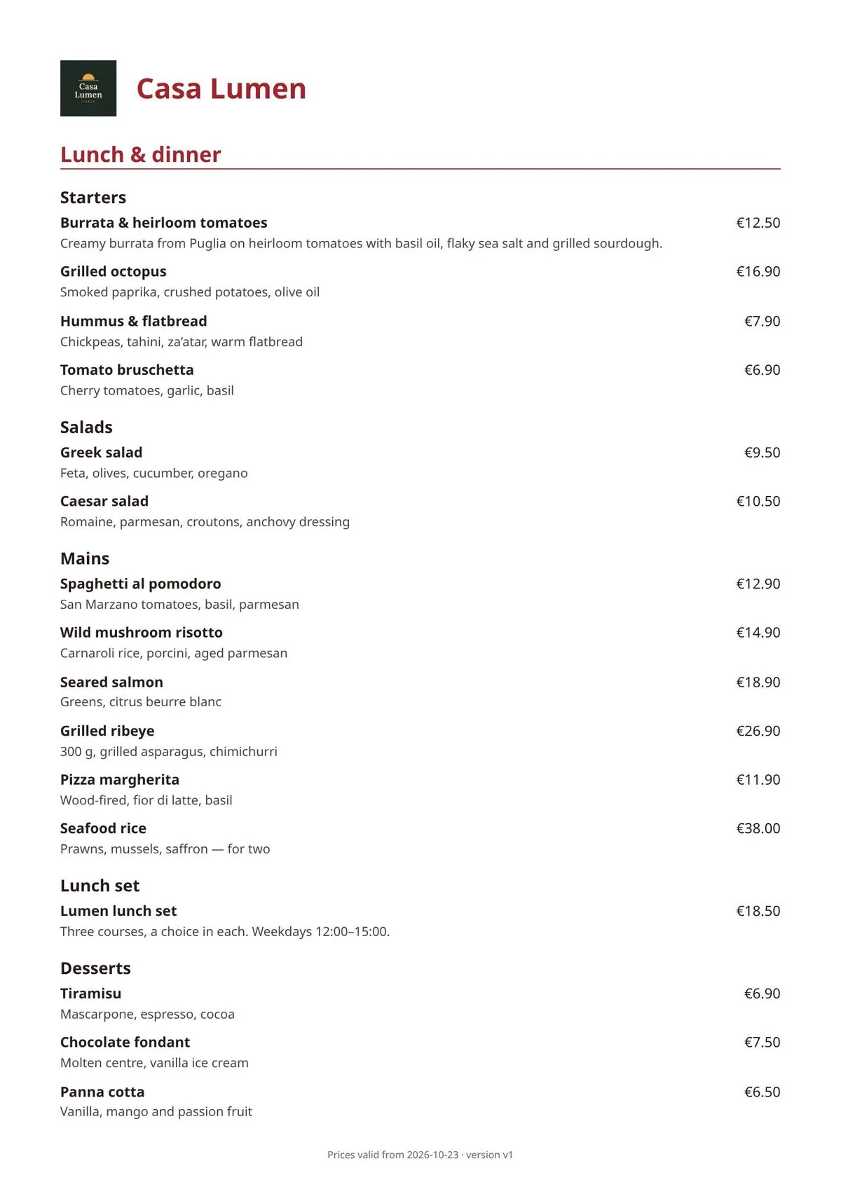 Printed PDF menu page