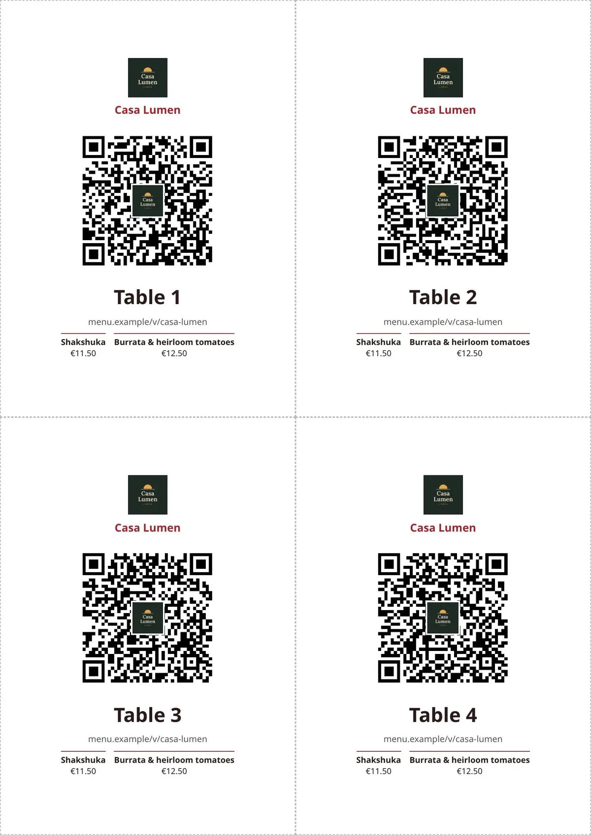 Printable QR table tents