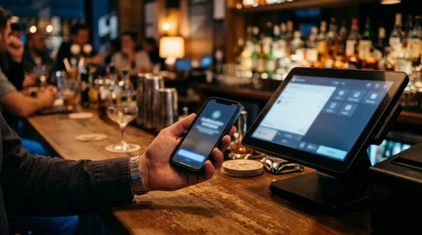 A phone with a confirmation prompt next to a restaurant till