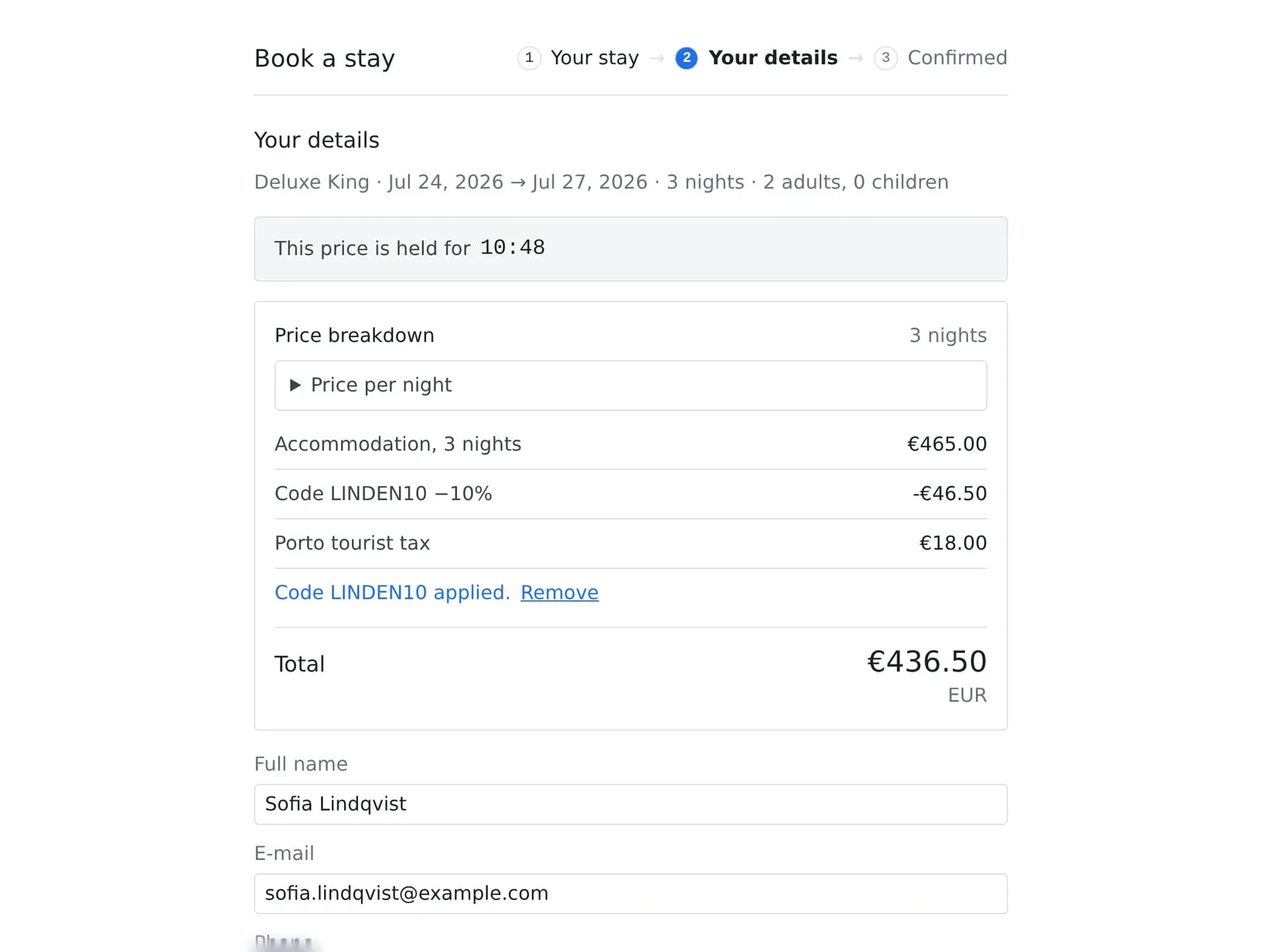 Booking engine: Price locked on a tablet