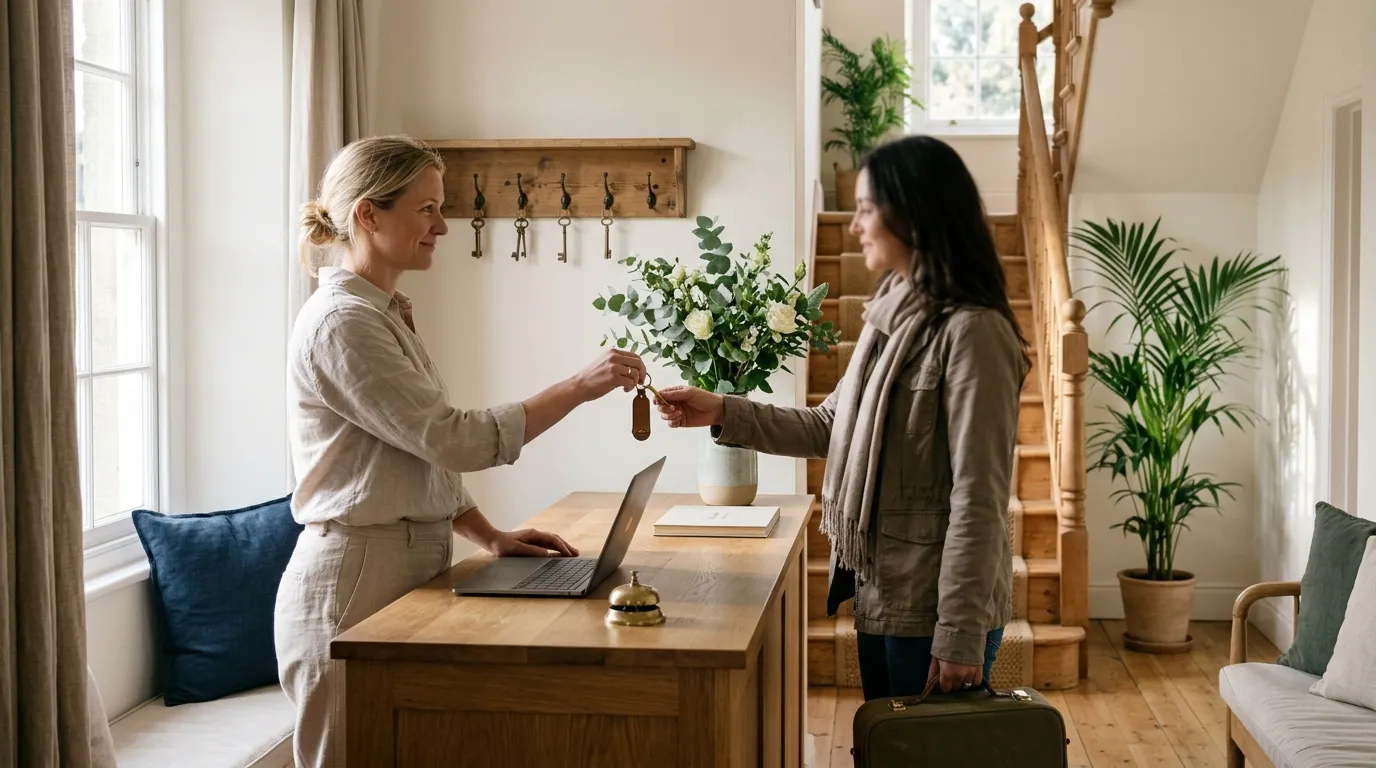 A small guesthouse reception with a laptop on the desk