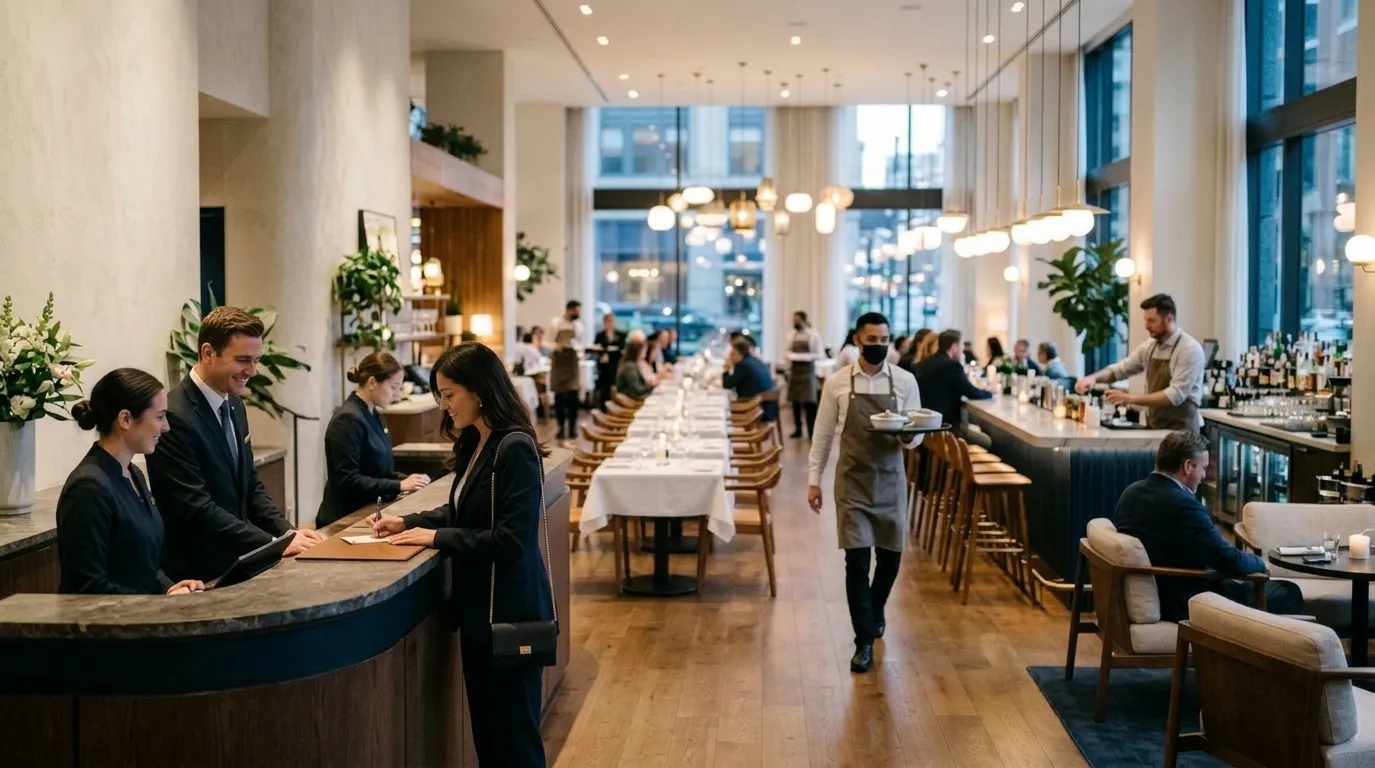 A hotel restaurant during dinner service