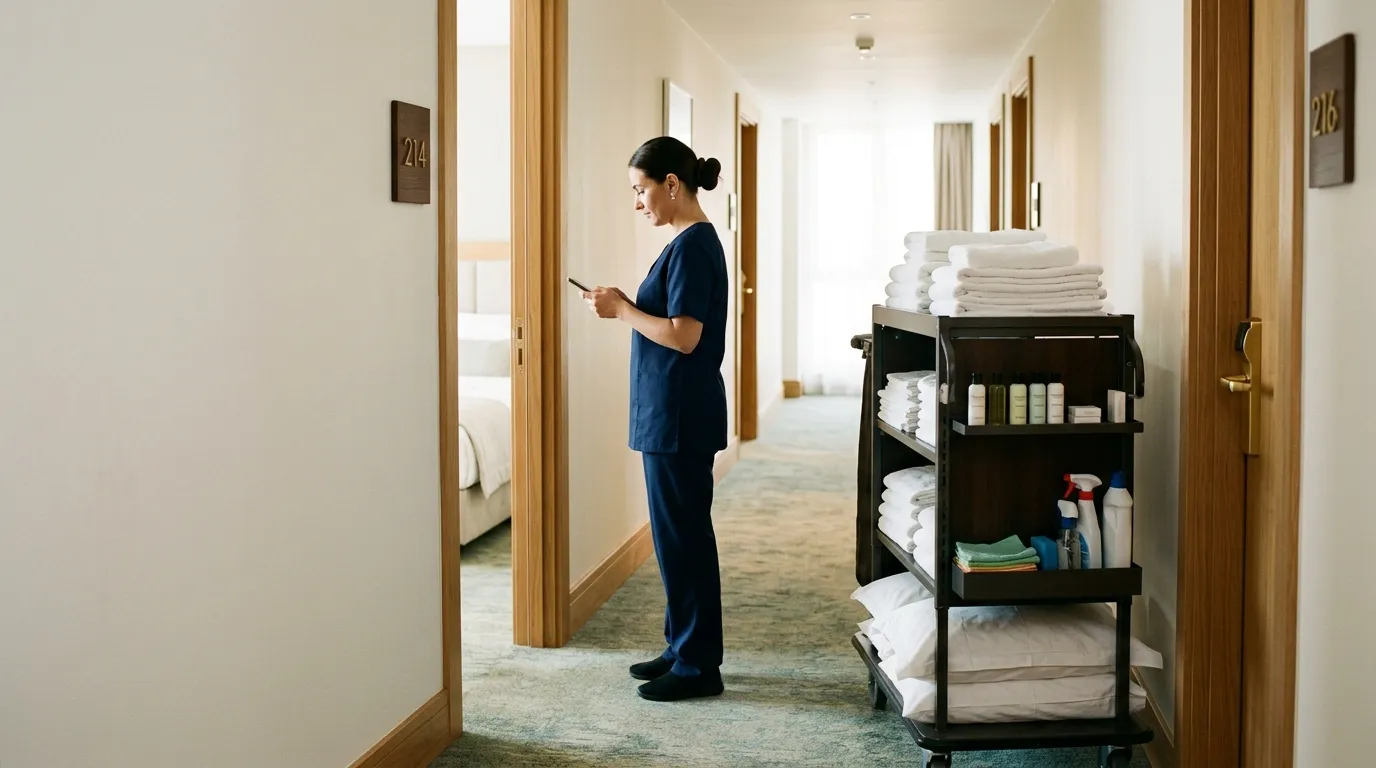 A housekeeping trolley in a bright hotel corridor