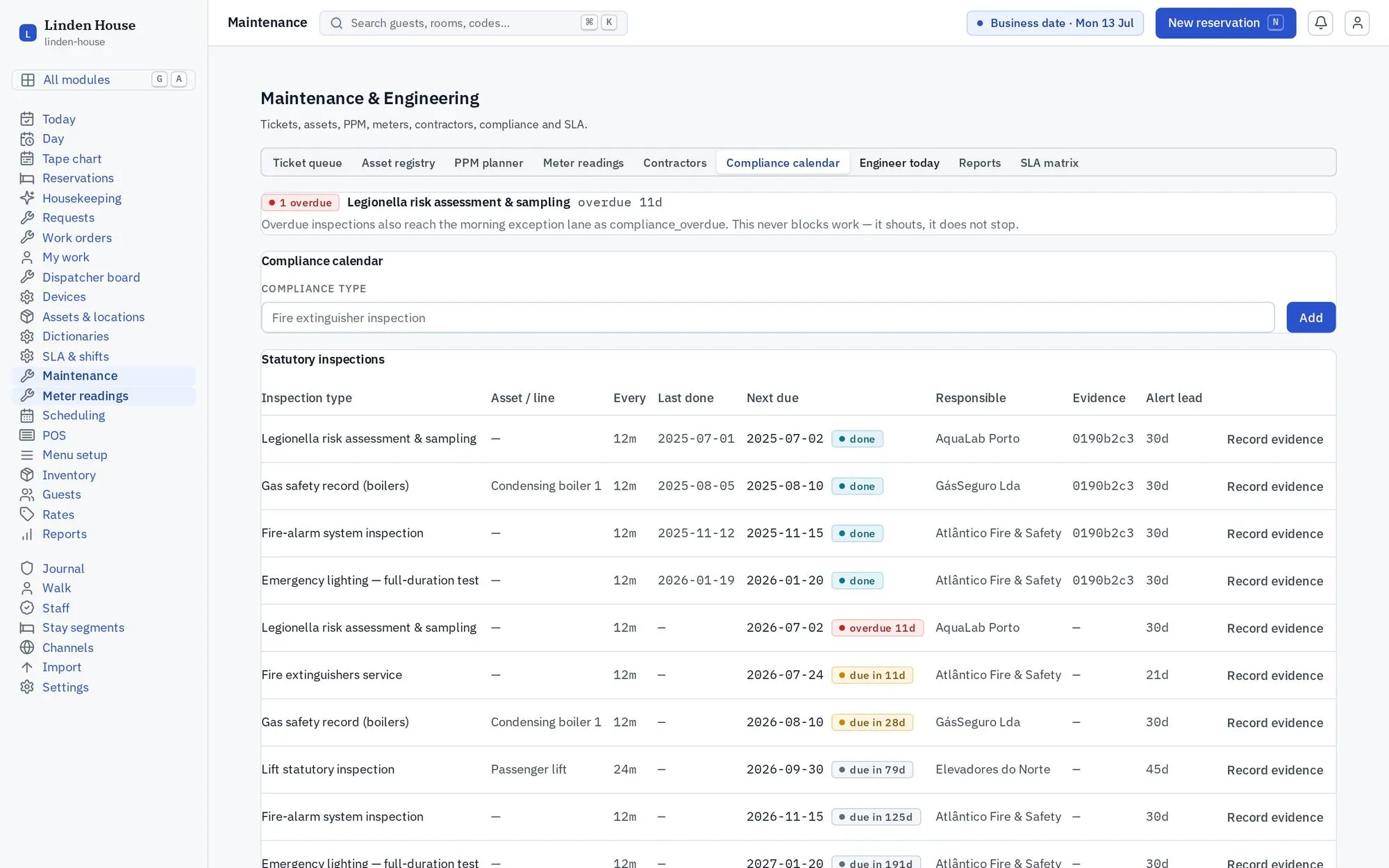 Maintenance: Compliance calendar