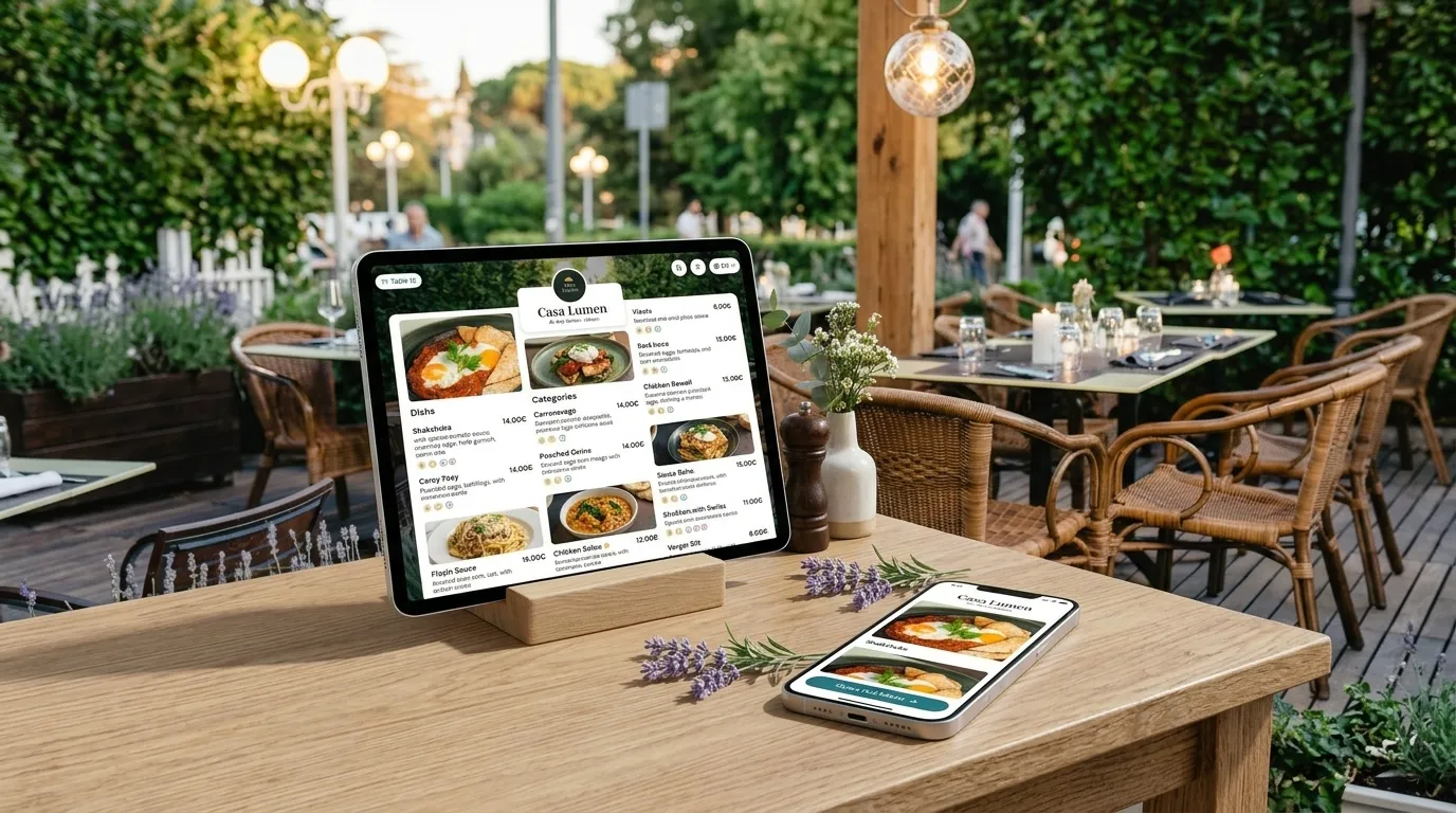 A tablet and a phone showing the same dish on a restaurant table