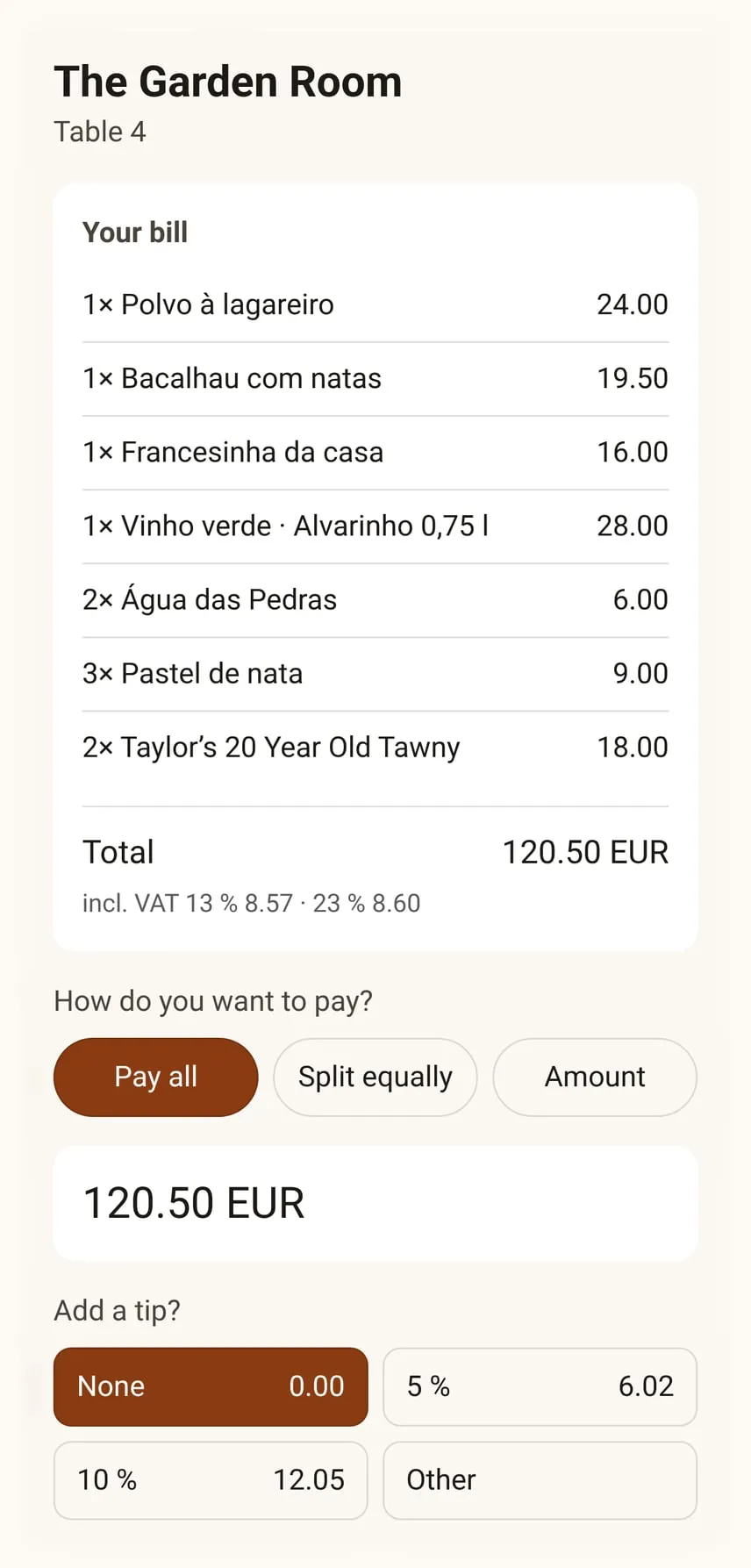 Payments: Pay at the table on a phone