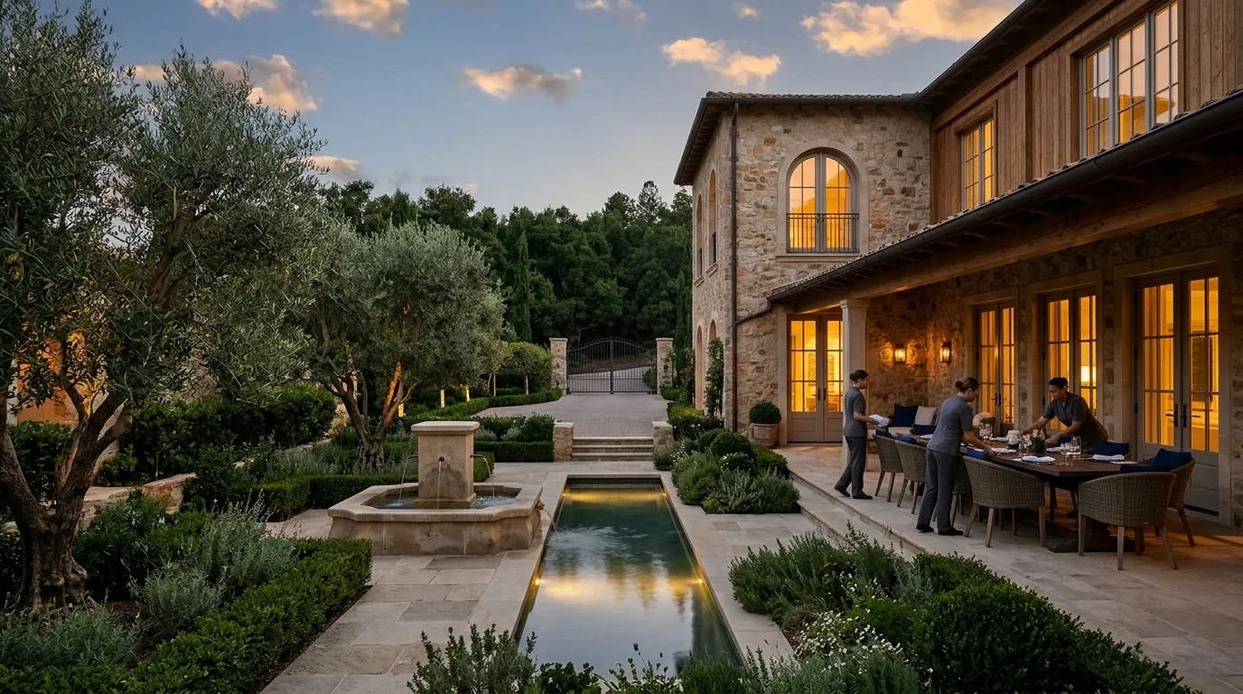 A private estate with a household team preparing for guests
