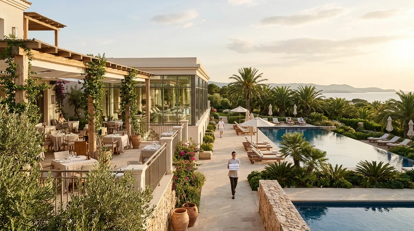 A resort with a pool, a restaurant terrace and a spa