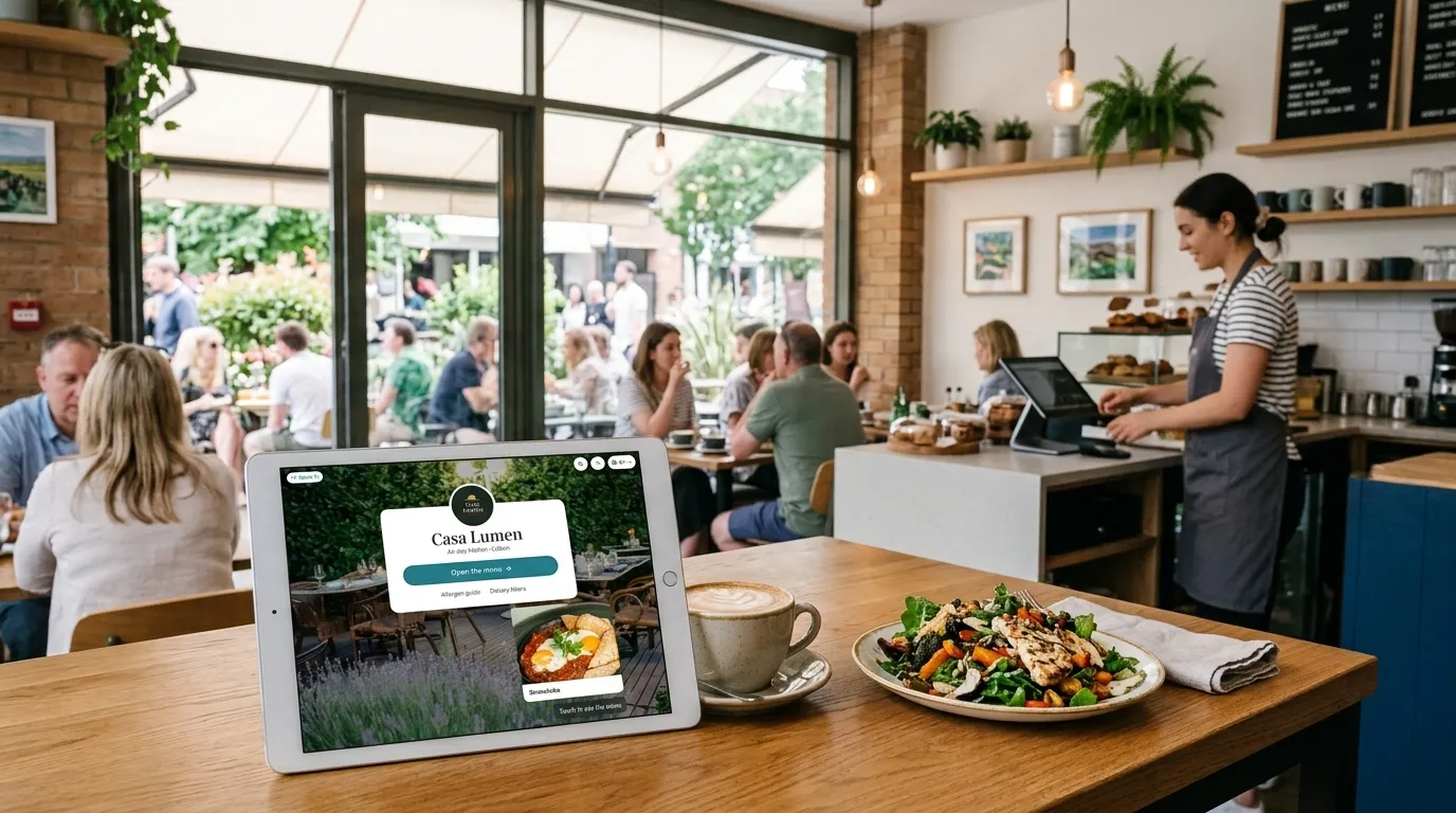 A café table with a menu tablet