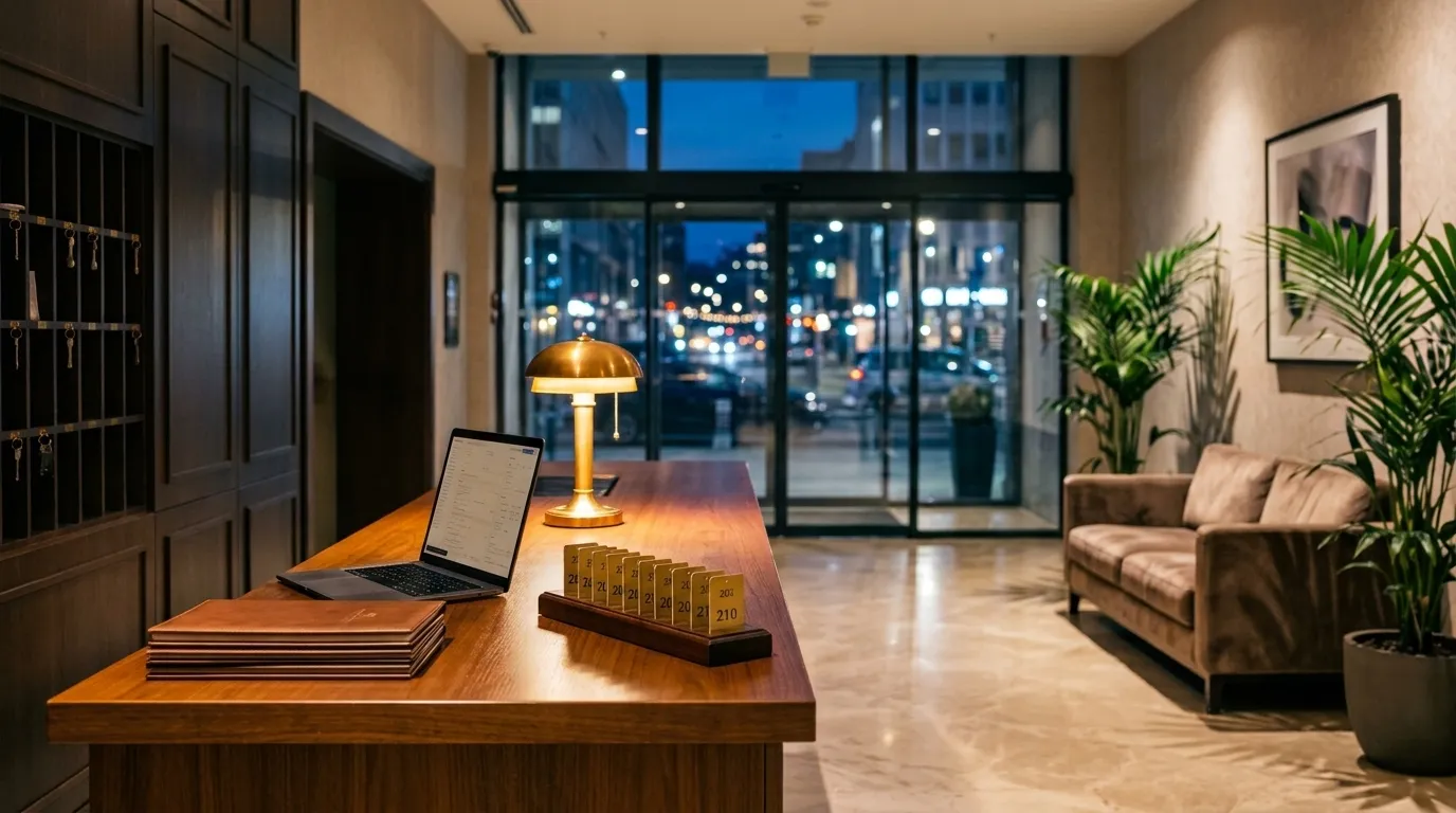 An empty, calm hotel reception at night
